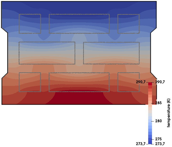 Rozkład temperatury na podstawie obliczeń MES w pustaku żużlobetonowym